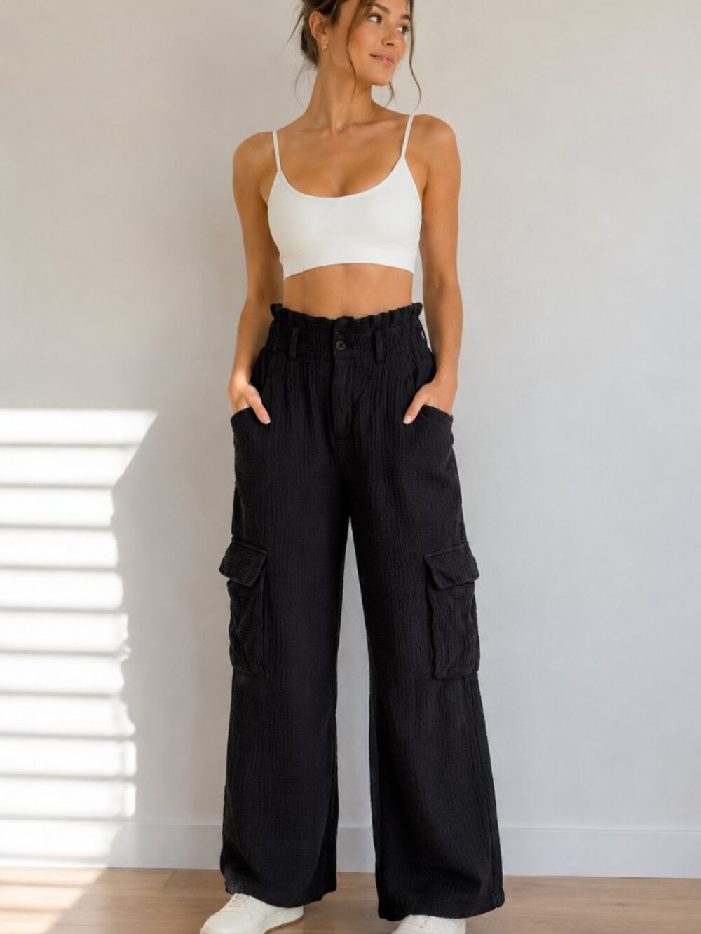 $78 C&C California Black Gauze Cargo Wide Leg Pants Size Small